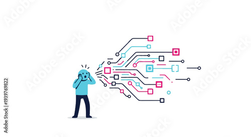 Shocked person overwhelmed by digital data stream, information overload, technology concept illustration