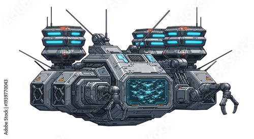 Futuristic Spacecraft with Advanced Technology and Weaponry.