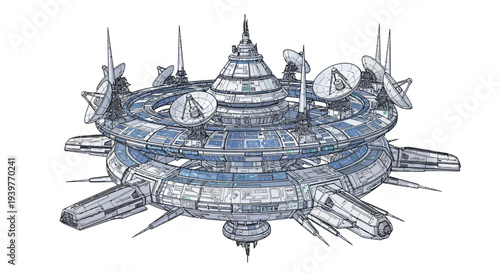 Futuristic Space Station with Advanced Technology and Multiple Modules.