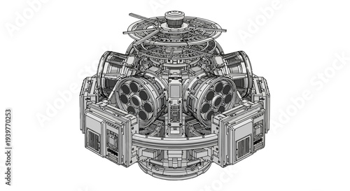 Detailed technical drawing of a complex mechanical device with multiple components.