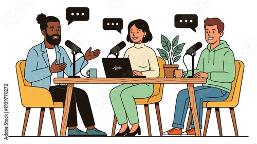 Podcast recording with diverse people talking into microphones at desk