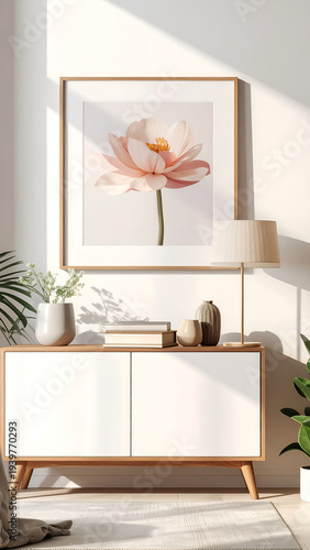 Light-filled room with pink floral art, neutral furniture