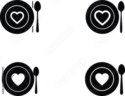 Dining Plate with Heart and Spoon Black Silhouette Icon Set