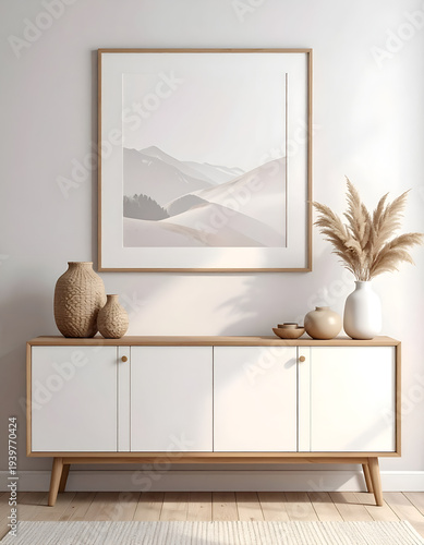 Frame above cabinet, vase, pampas grass, neutral decor