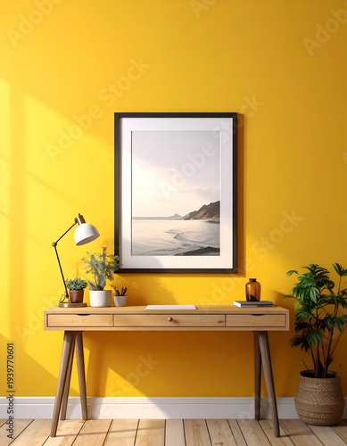 Coastal print, yellow wall, wood desk, indoor, sunlight