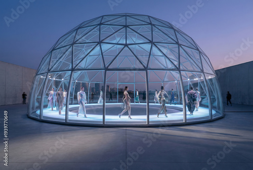 Fashion Models Walking Runway Inside Futuristic Glass Dome Pavilion at Dusk