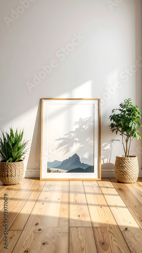 Framed print, mountains, plants, on hardwood floor, sunlit