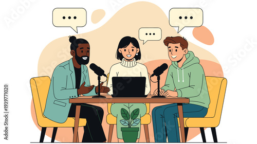 Podcast discussion with three friends talking into microphones