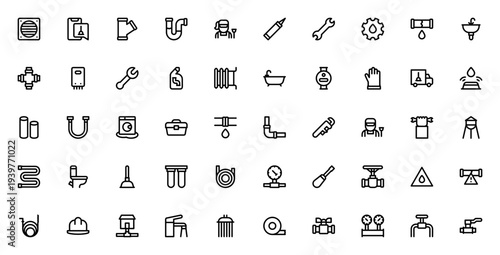 Plumber icon set. Vector tools and equipment collection. Includes extractor, pipe, wrench, leak, sink, water heater, drain cleaner, valve, toilet, plunger and more. Editable stroke.