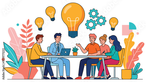 Team brainstorming ideas around table with light bulbs illustration