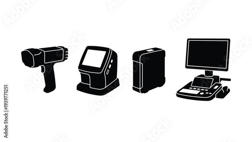 Black and White Illustration of Various Electronic Devices