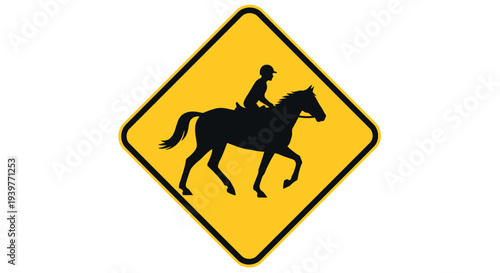 Cautionary Road Sign with Horseback Rider Silhouette Alerting Drivers to Equestrian Activity and Potential Crossings on Public Roads and Trails