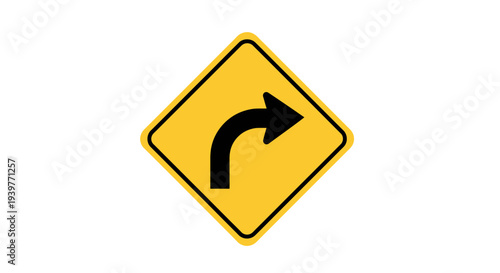 Yellow diamond warning sign indicating a sharp right curve ahead, an essential road safety traffic symbol for driver awareness and navigation, clearly isolated on a white background