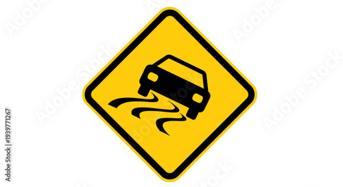 Yellow diamond warning sign depicting a skidding car, alerting drivers to slippery road conditions ahead. This crucial graphic emphasizes caution and vigilance for road safety