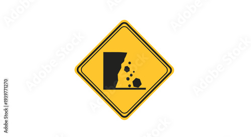 Falling rocks warning sign vector. Universal yellow diamond road symbol alerting drivers to potential hazards from loose debris on cliffs or mountain roads, for safety