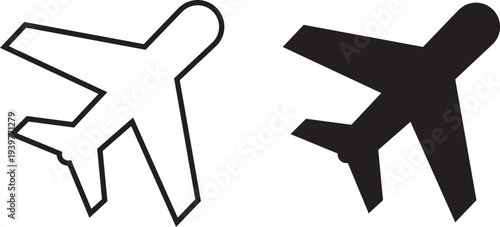 Airplane Silhouette: Minimalist vector illustration of an airplane outline and filled silhouette, suitable for travel, aviation, and design projects.