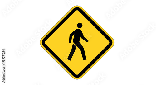 Yellow diamond warning sign with a black walking person symbol, indicating a pedestrian crossing ahead or an active foot traffic zone, promoting road safety