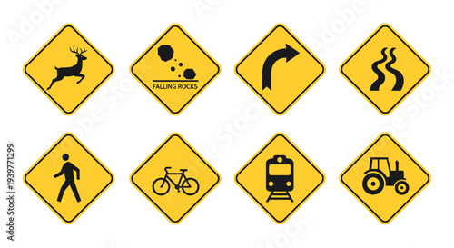 Collection of diverse yellow diamond-shaped warning road signs for traffic safety, indicating various hazards like animal crossings, falling rocks, curves, and pedestrian zones