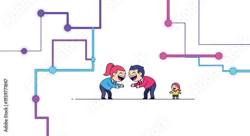 Happy cartoon family laughing, connected by abstract digital network lines and dots, symbolizing communication, technology, and joyful family bonds.