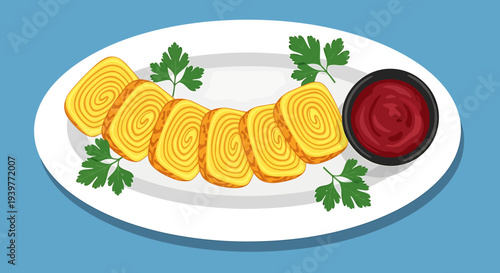 Roasted potato rolls on a white plate with red sauce and parsley leaves