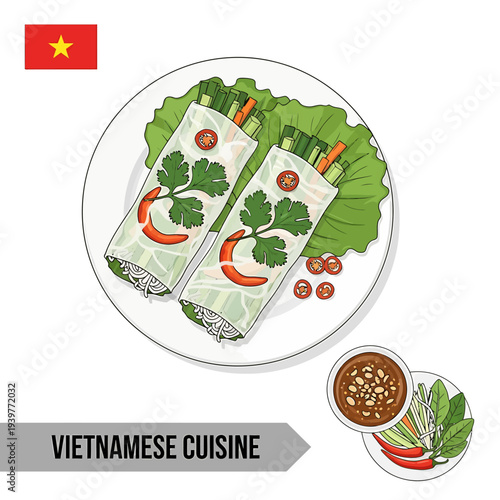 Delicious fresh spring rolls with vegetables and herbs on a plate with sauce