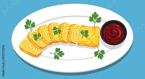 Rolled omelet slices on white plate with herbs and ketchup