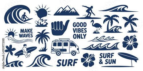 Tropical beach and surf themed vector set with palm trees waves surfboards van flamingos ocean elements and summer quotes bold vacation illustration for travel design