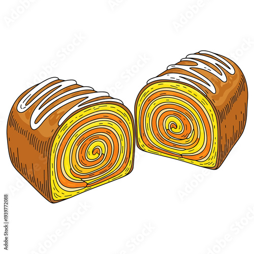 Two halves of a sweet orange and yellow swiss roll cake with white icing