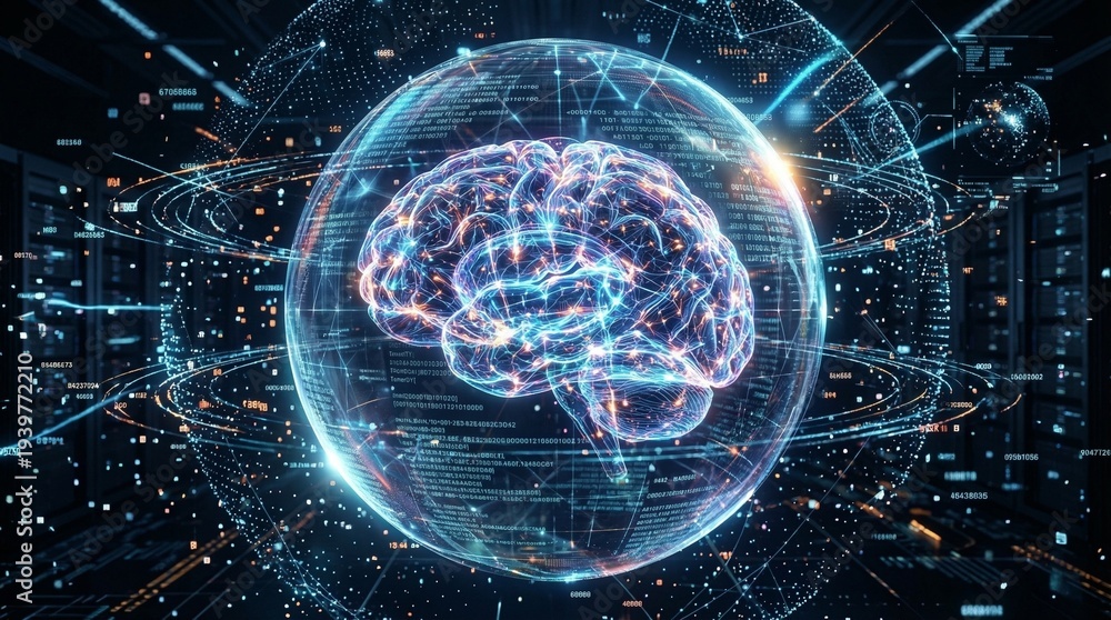 Fototapeta premium Futuristic Artificial Intelligence Brain with Neural Network Connections and Data Streams on Dark Technology Background