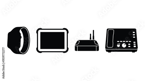 Smartwatch, Tablet, Wireless Router and and Radio on White Background