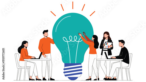 Fotografie Creative coworkers building big idea with green light bulb and chart