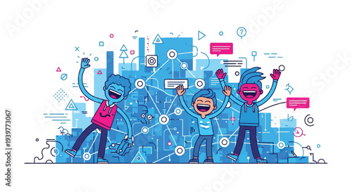 Happy diverse people celebrating success in a vibrant digital network cityscape, symbolizing teamwork, communication, and technological achievement.