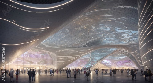 A futuristic large indoor space with a wavy ceiling and many people