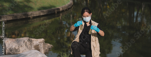 Foto banner background is nature and the environment, science teams conduct field research, collect each water sample, perform careful testing and analysis, and compare results to understand change