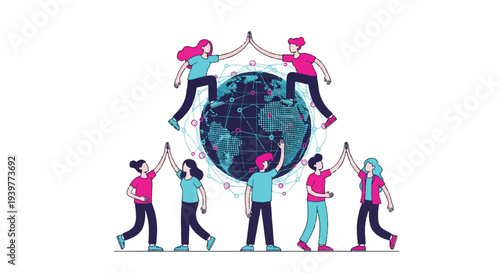 Diverse group of people celebrating around a glowing globe, symbolizing global connection and teamwork