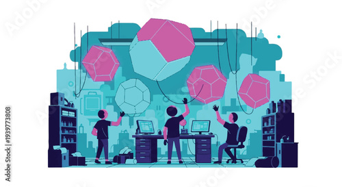 Team of people using virtual reality headsets to interact with 3D geometric shapes in a modern office setting