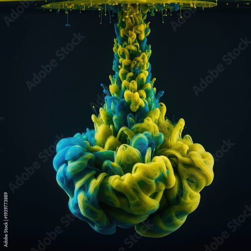 Hypnotic fluid dispersion texture, featuring vibrant deep blue and striking yellow pigments mixing dynamically in water, movement, background, pattern