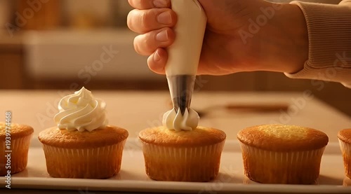 A baker delicately decorates cupcakes with sweet white frosting using pastry bag