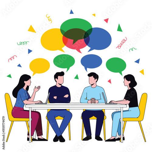 Four diverse young professionals communicate ideas during a business meeting