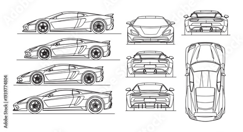 Automotive Blueprint Icons – Car Design and Engineering Vector Set