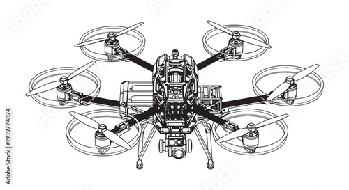 Hexacopter Drone Blueprint Wireframe Design for Aerial Photography, Engineering and Robotics