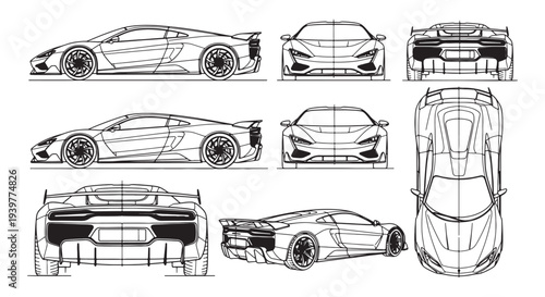 Automotive Blueprint Icons – Car Design and Engineering Vector Set