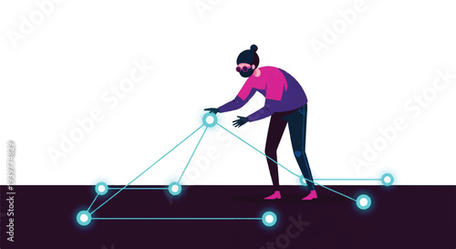 Person using VR headset interacting with digital network nodes and connections, futuristic technology concept