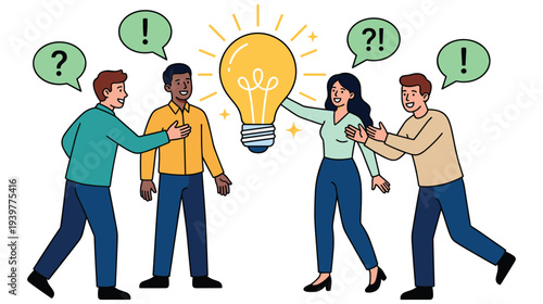 Diverse business team collaborating on bright light bulb idea concept