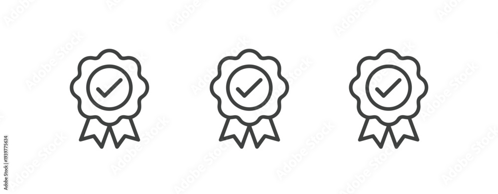 Obraz premium Three black outline ribbons with checkmarks seal badge