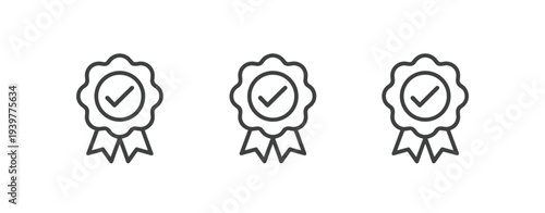 Three black outline ribbons with checkmarks seal badge