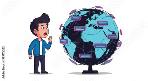 Surprised cartoon boy observes a complex global data network, illustrating worldwide digital connectivity, internet communication, and information exchange technology.