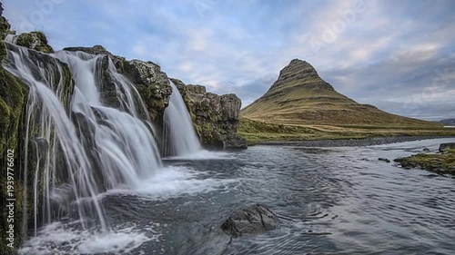 Kirkjufellsfoss Waterfall With Kirkjufell Mountain In Iceland