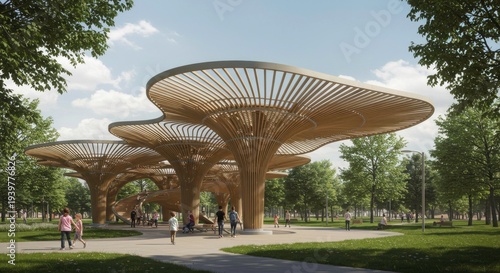 A futuristic outdoor pavilion with large, mushroom-like structures providing shade for people in a park setting