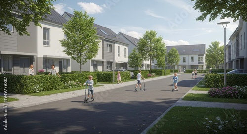 A serene suburban street scene with modern houses, children riding bikes, and lush greenery